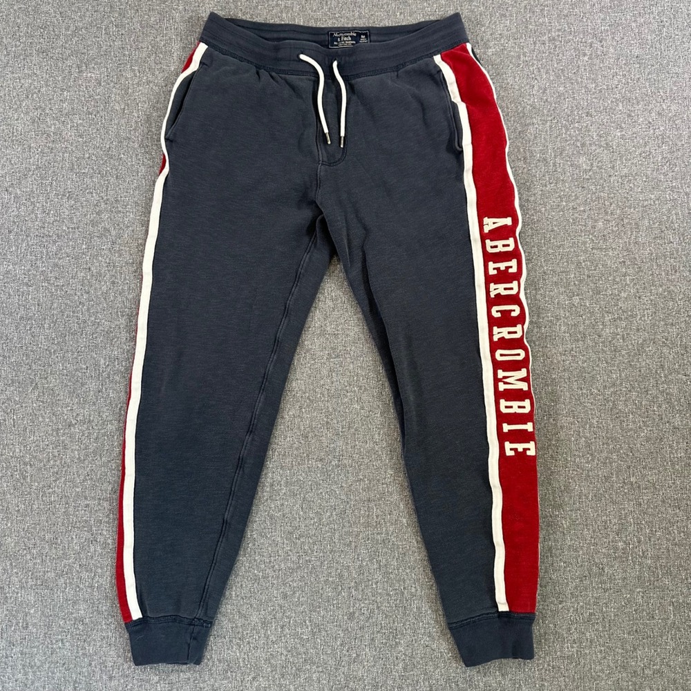 Abercrombie & Fitch Mens Jogger Sweatpants Navy Red Stripe Logo Size M Joggers